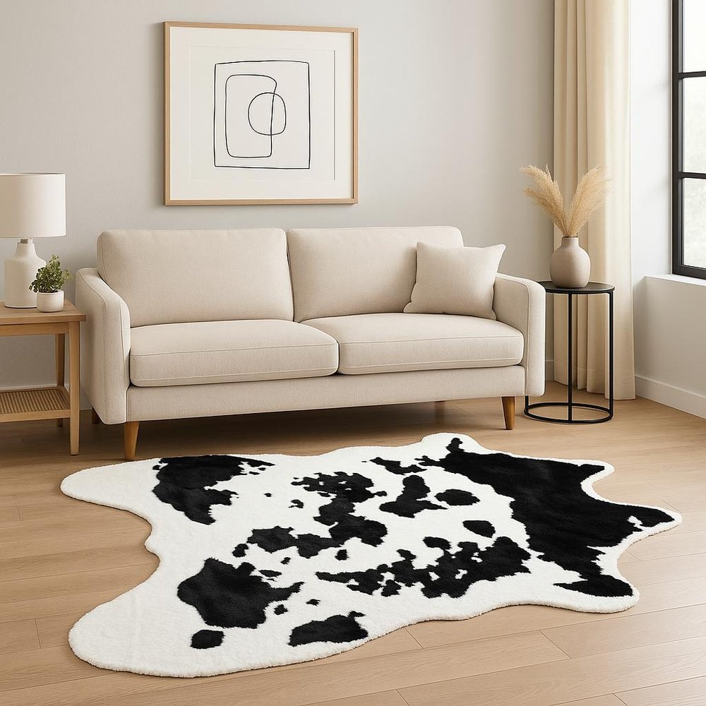 **Cowhide Print Hand Knotted Rug – Brown & White Accent**