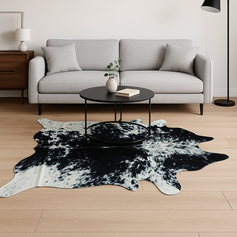 Black Cowhide Animal Print Rug – Stain Resistant, Handmade