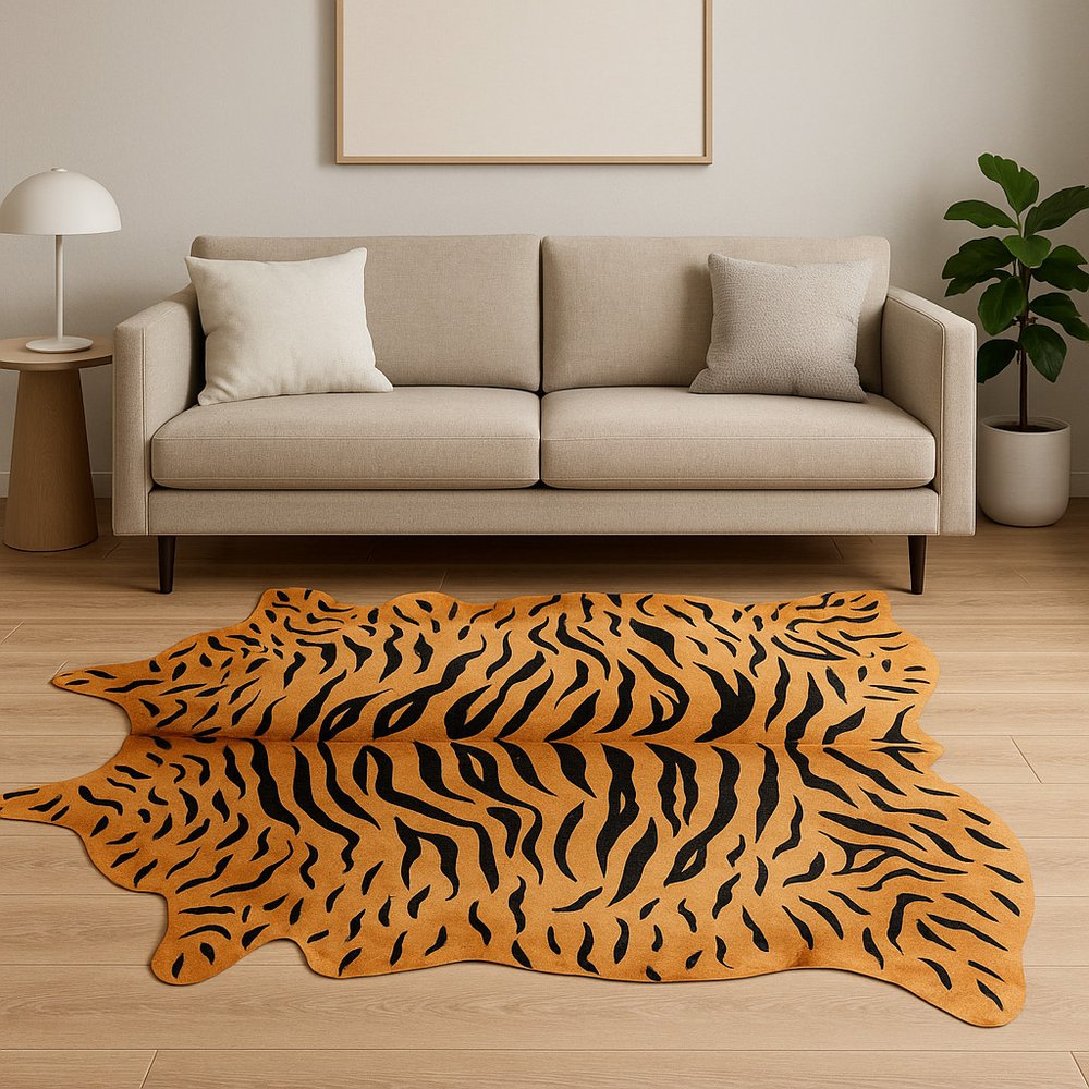 Cowhide Tiger Print Area Rug – Brown & Black, Soft Texture