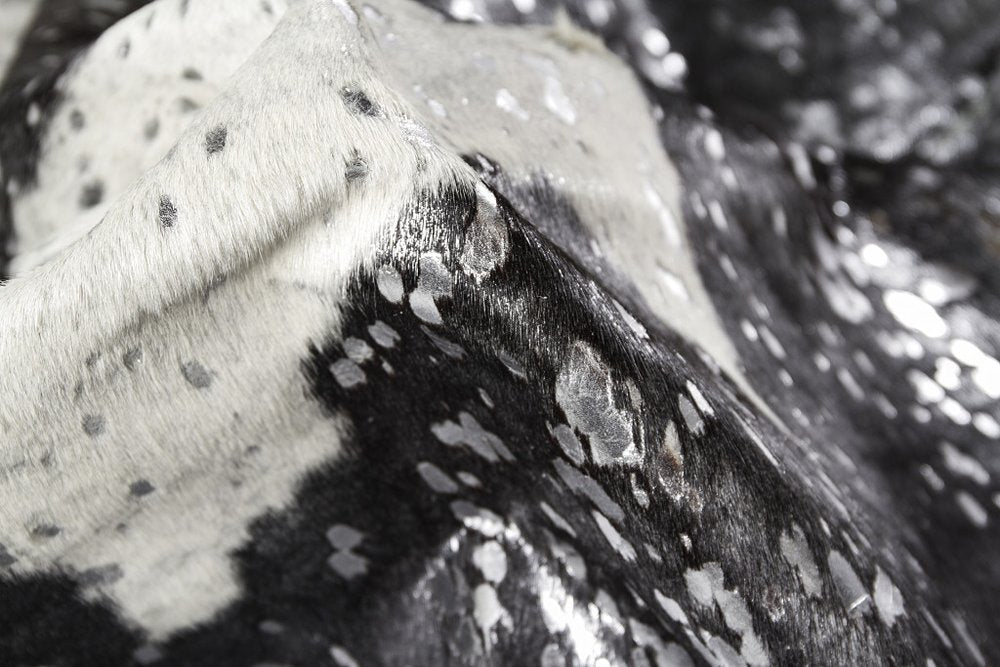 Black and White Cowhide Area Rug, Hand Knotted, Modern