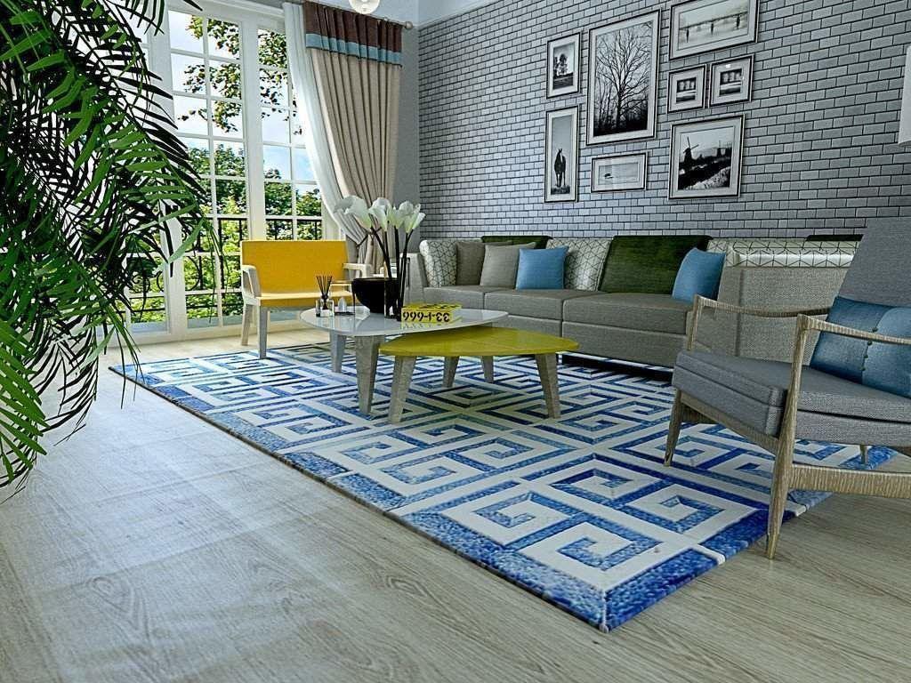 Area Rugs - Poshrug Blue White Maze Cowhide Rug