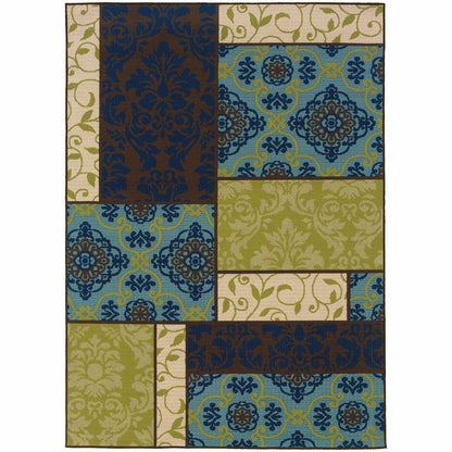 Caspian Brown Blue Geometric Patchwork Outdoor Rug - Free Shipping