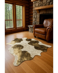 Ivory, Brown & Gold Cowhide Area Rug – Hand Knotted in Cabin Living Room — cowhide area rug 4