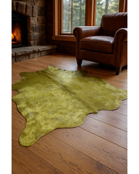 Green Cowhide Hand Knotted Rug – Stain Resistant Style in Cabin Living Room — cowhide area rug 16