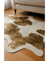 Ivory, Brown & Gold Cowhide Area Rug – Hand Knotted in Hide Detail Close-Up — cowhide area rug 7
