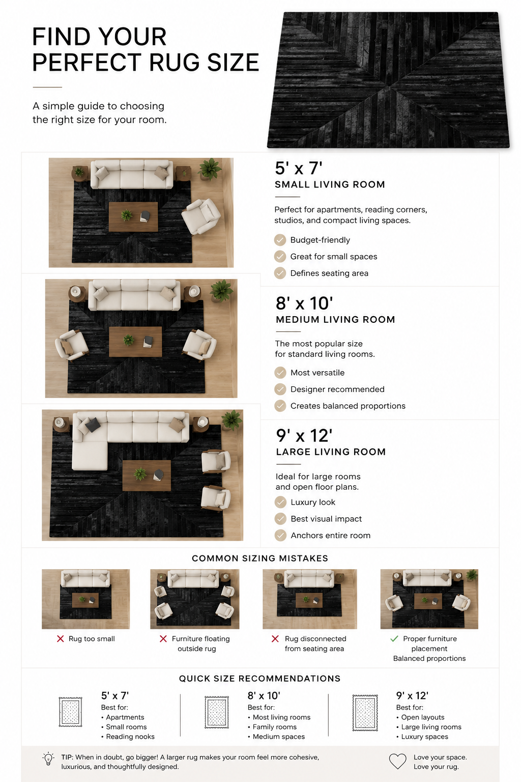 Cowhide Rug Size Guide – How to Choose the Right Rug Size | infographic-size-guide