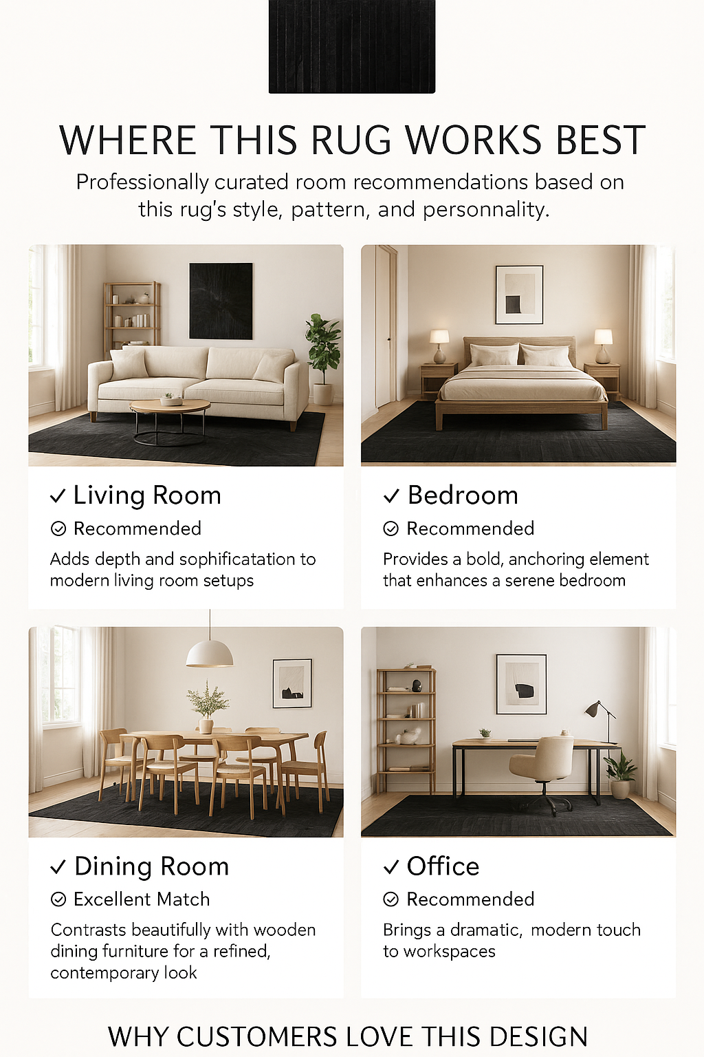 Best Rooms for a Black Patchwork Cowhide Rug | infographic-best-rooms