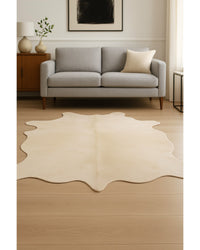 Off White Cowhide Print Area Rug – Handmade in Low Angle View — cowhide area rug 8