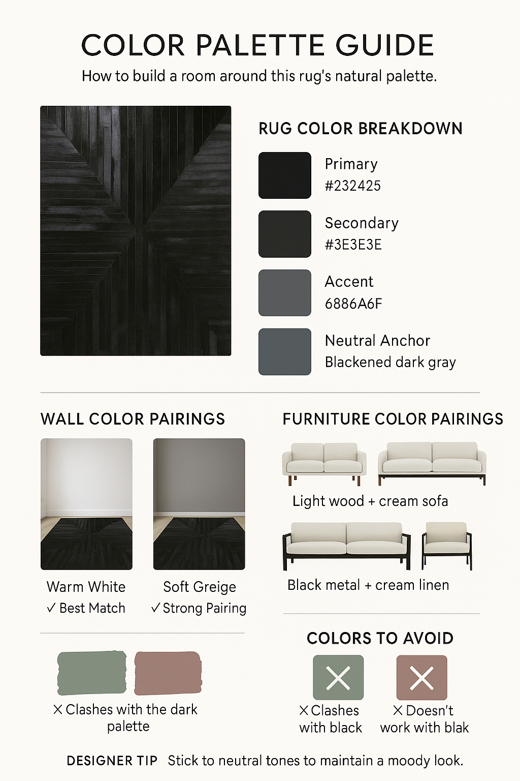 Color Palette Guide for Black Patchwork Cowhide Rug | infographic-color-palette