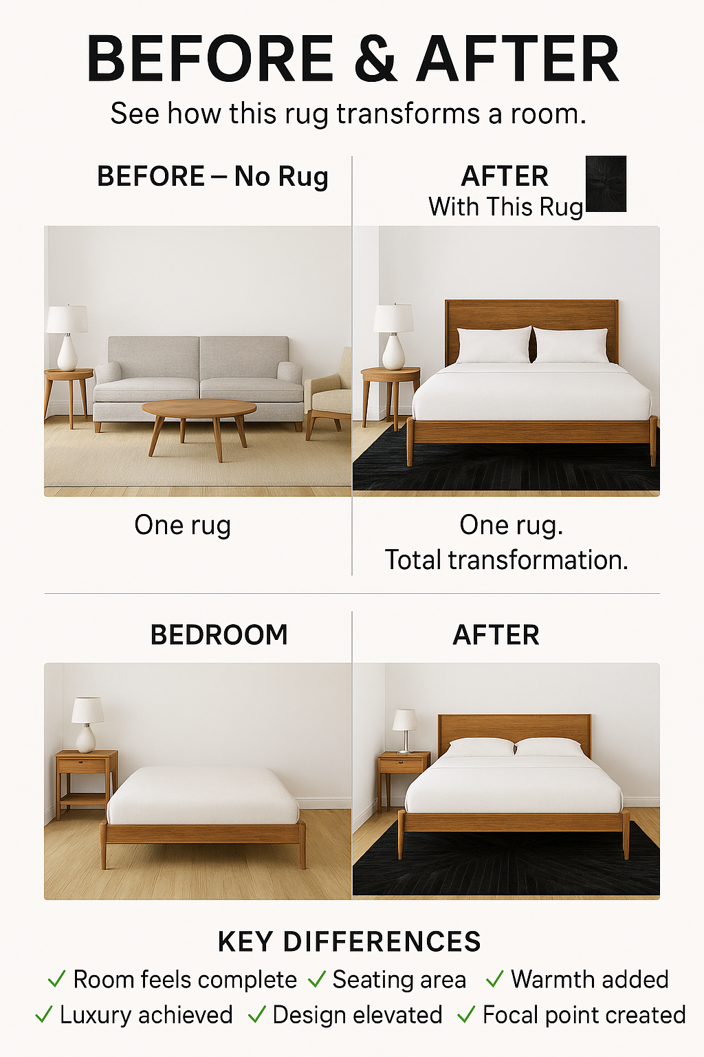 Room Transformation Before and After with Cowhide Rug | infographic-before-after