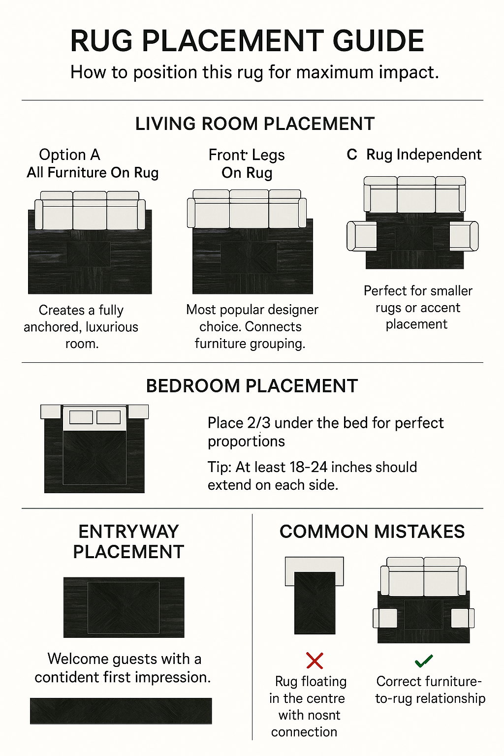 Rug Placement and Room Layout Guide for Cowhide Rugs | infographic-room-layout