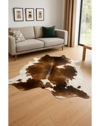 Taupe & White Cowhide Area Rug in Living Room — cowhide area rug 6