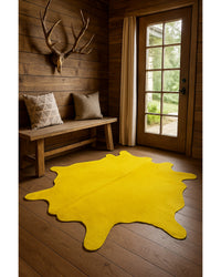 Yellow Cowhide Area Rug in Lodge Entryway — cowhide area rug 5