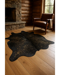 Chocolate & Gold Cowhide Area Rug in Cabin Living Room — cowhide area rug 4