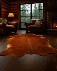 Brown Genuine Cowhide Area Rug Low Angle Cabin View — genuine cowhide area rug 10