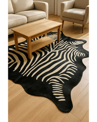 Cowhide Zebra Print Area Rug – Black & Off White, Handmade in Living Room — cowhide area rug 9