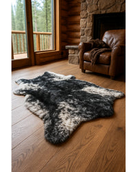 Black & White Faux Fur Cowhide Washable Area Rug in Cabin Living Room — faux fur cowhide rug 9