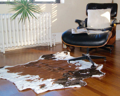 **Cowhide Print Hand Knotted Rug – Brown & White Accent**