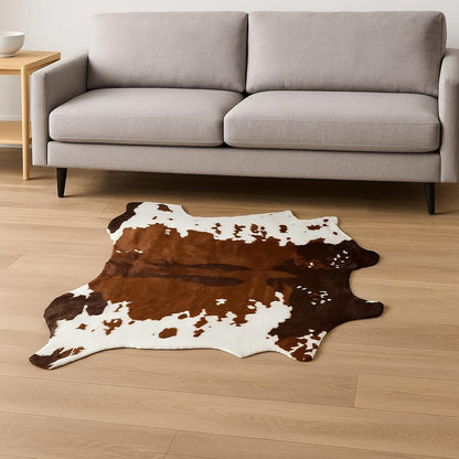 **Cowhide Print Hand Knotted Rug – Brown & White Accent**