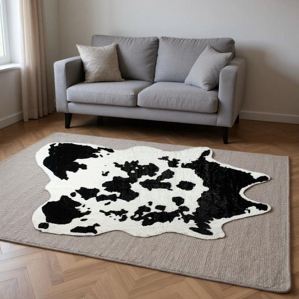 Cowhide Print Washable Rug – Black & White, Stain Resistant