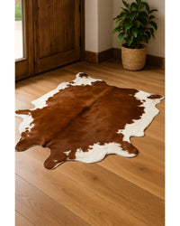 Cowhide Print Hand Knotted Rug – Brown & White Accent in Lodge Entryway — cowhide area rug 16