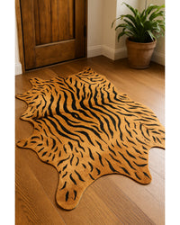 Cowhide Tiger Print Area Rug – Brown & Black, Soft Texture in Lodge Entryway — cowhide area rug 9