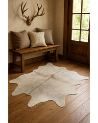 Light Gray Cowhide Hand Knotted Area Rug, 5x7 – Stain Resistant in Lodge Entryway — cowhide area rug 14