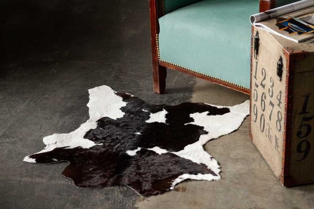 Black Cowhide Area Rug – Handwoven, Stain Resistant