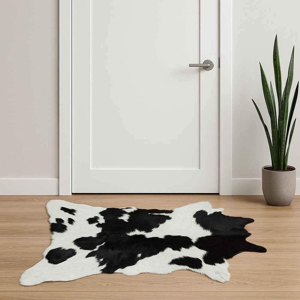 Black Cowhide Area Rug – Handwoven, Stain Resistant