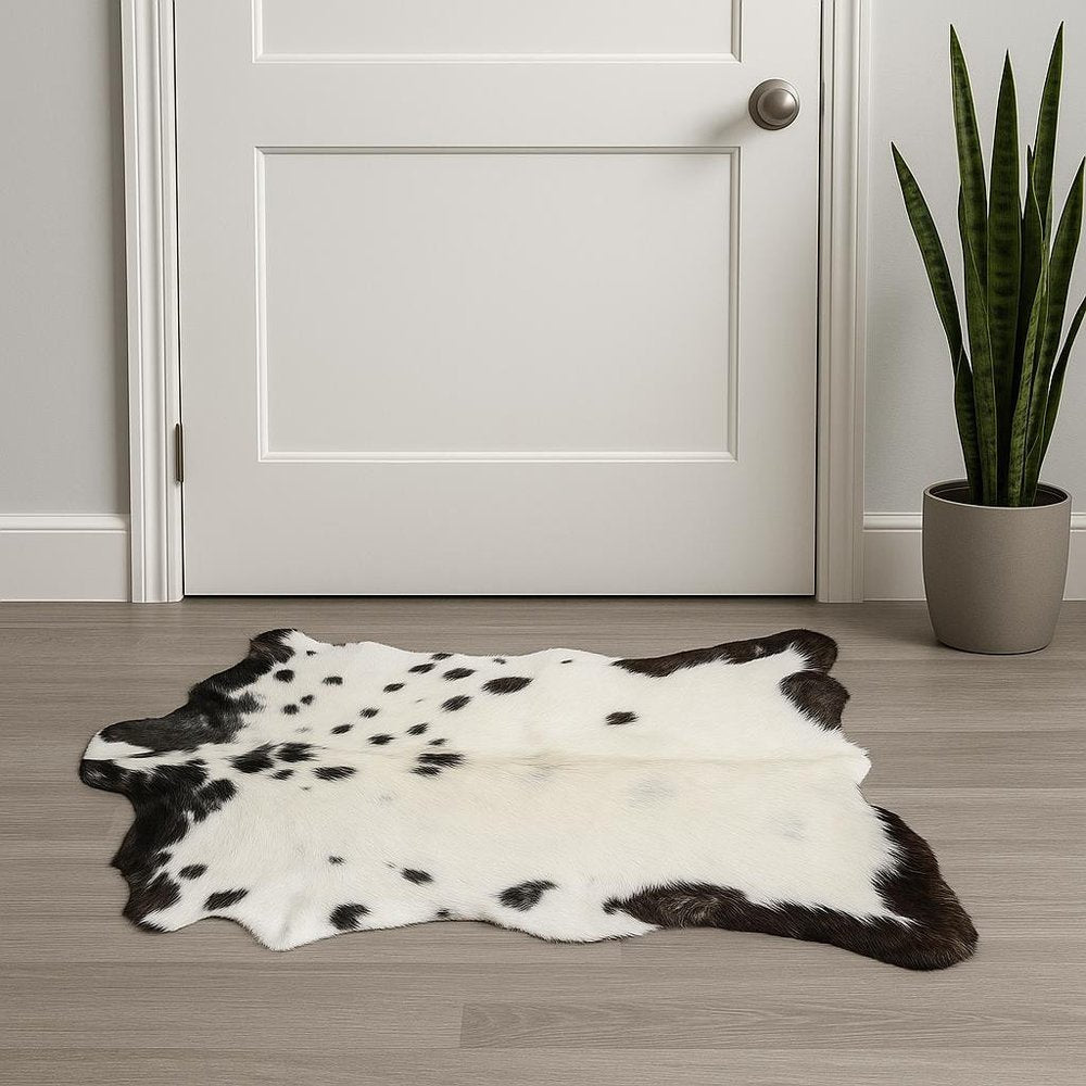 **Black Cowhide Print Handwoven Rug – Modern Accent**
