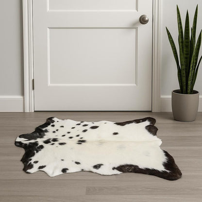 **Black Cowhide Print Handwoven Rug – Modern Accent**