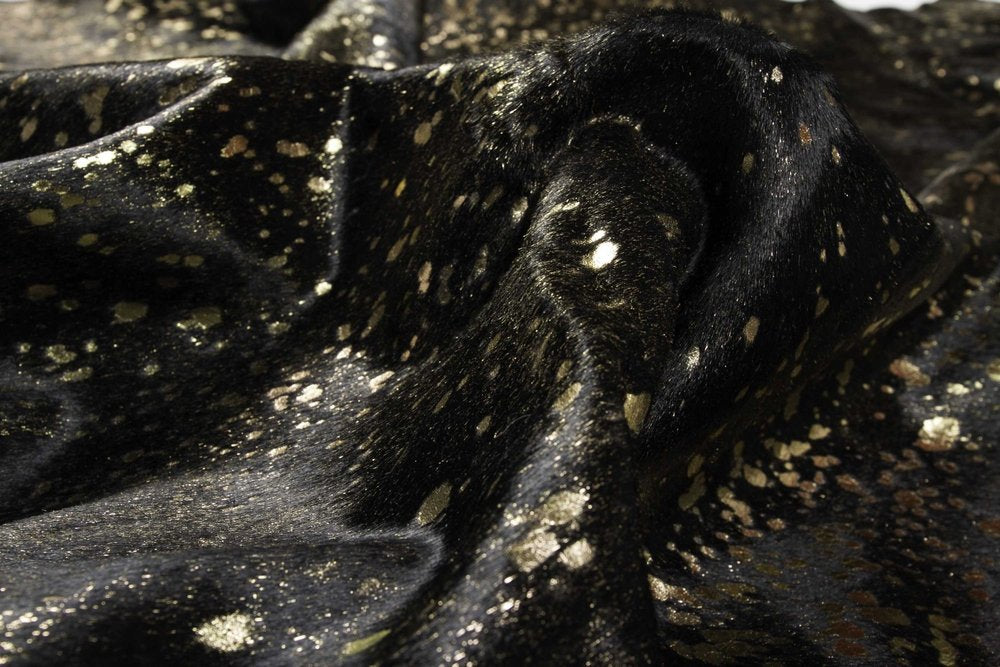 Black Cowhide Print Area Rug – Gold Accents, 5x7