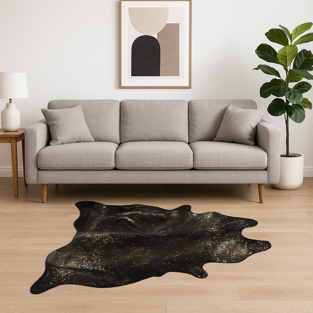 Black Cowhide Print Area Rug – Gold Accents, 5x7