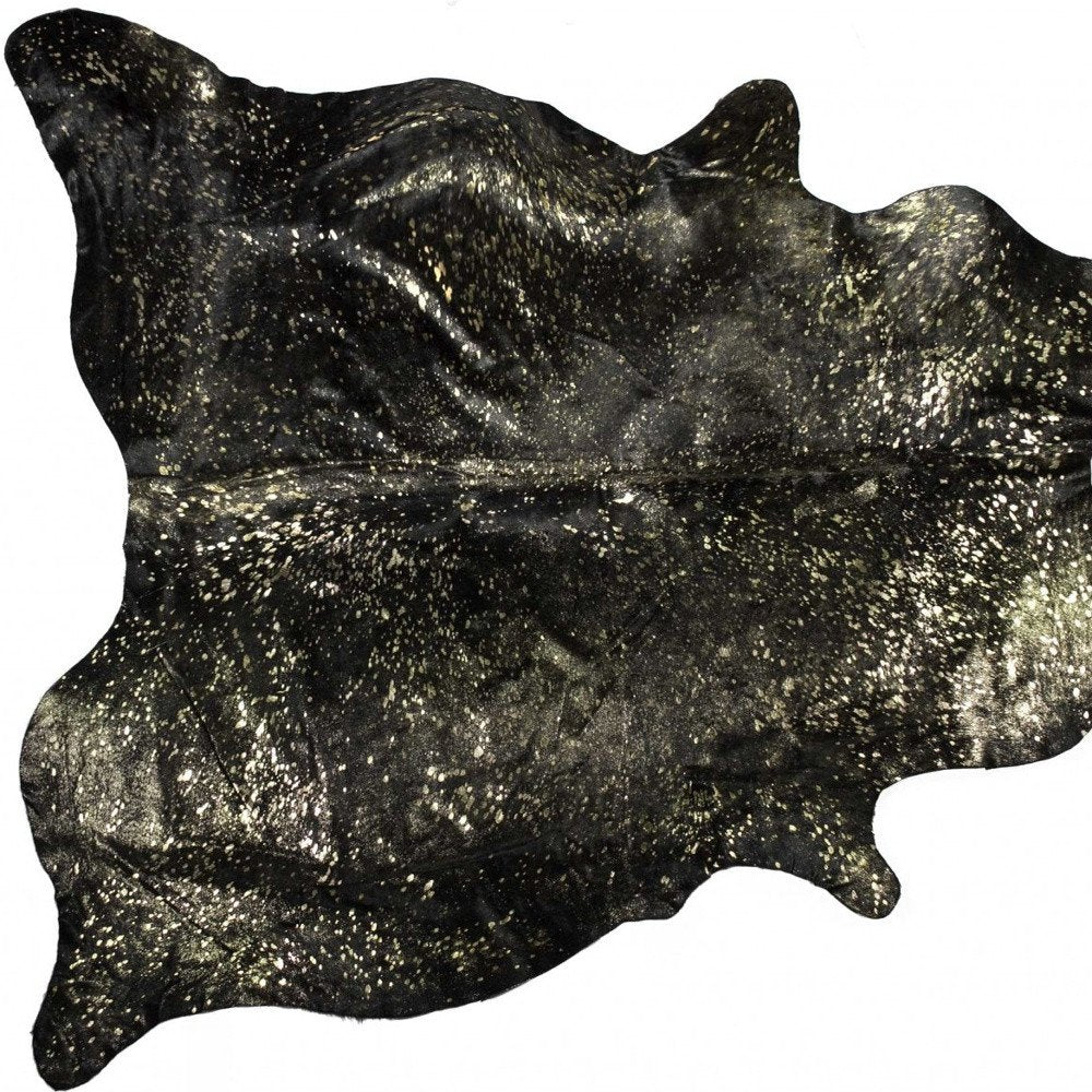 Black Cowhide Print Area Rug – Gold Accents, 5x7