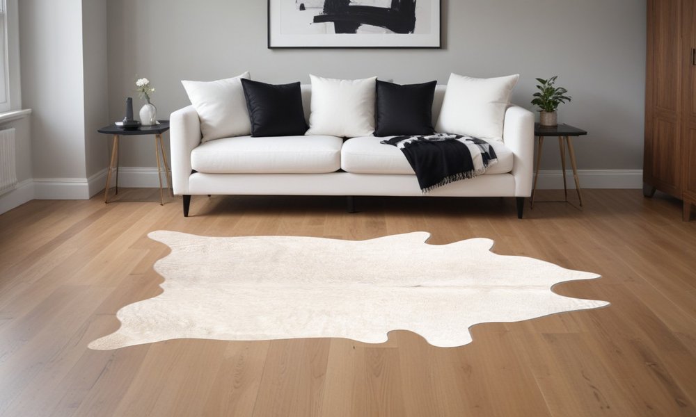 Off White Cowhide Print Rug – Soft, Modern Accent
