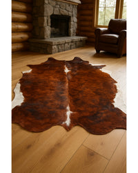 Cowhide Animal Print Rug – Brown & White Accent in Cabin Living Room — cowhide area rug 10