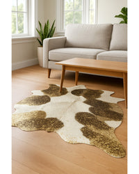 Ivory, Brown & Gold Cowhide Area Rug – Hand Knotted in Living Room — cowhide area rug 6