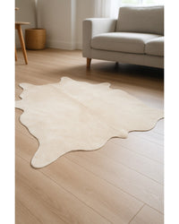Off White Cowhide Print Rug – Soft, Modern Accent in Low Angle View — cowhide area rug 11