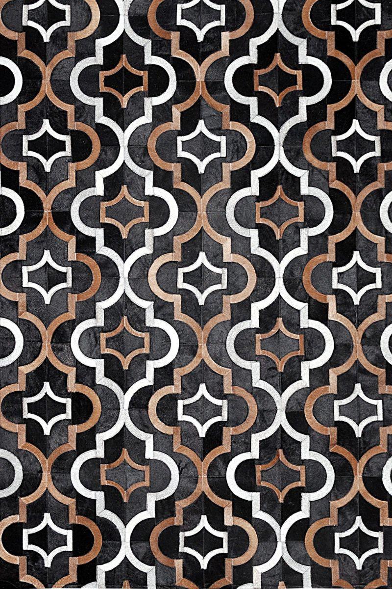 Poshrug Patterned Black, Brown, White Cowhide Patchwork Rug — cowhide patchwork area rug