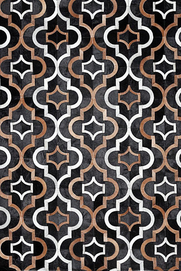 Poshrug Patterned Black, Brown, White Cowhide Patchwork Rug