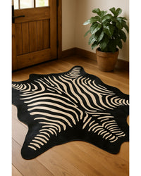 Cowhide Zebra Print Area Rug – Black & Off White, Handmade in Lodge Entryway — cowhide area rug 8
