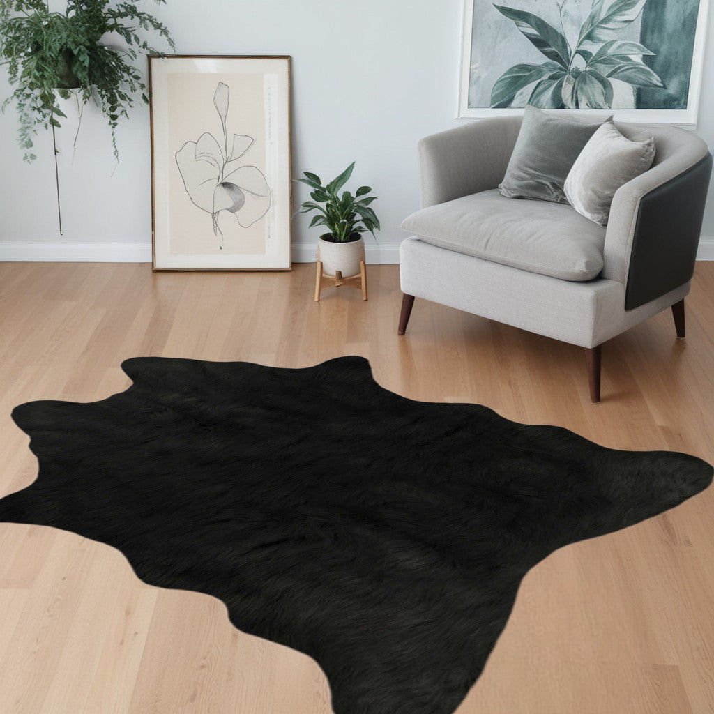 4' X 5' Black Faux Cowhide Washable Area Rug