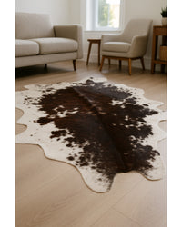 Cowhide Area Rug – Hand Knotted Brown & White Low Angle View — cowhide area rug 18