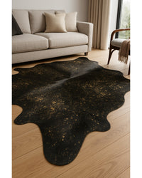 Chocolate & Gold Cowhide Area Rug in Living Room — cowhide area rug 6