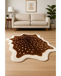 Off White & Brown Faux Cowhide Area Rug – Tufted, Washable in Low Angle View — cowhide area rug 8
