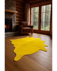 Yellow Cowhide Area Rug in Cabin Living Room — cowhide area rug 4