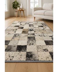 Black, Gray & Ivory Cowhide Print Area Rug – Washable, UV Protection Low Angle View — area rug 8