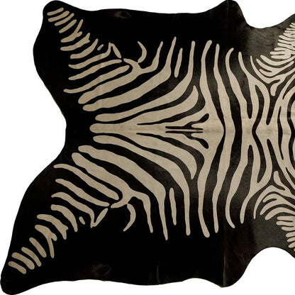 6' X 7' Off White And Black Zebra Print Genuine Cowhide Area Rug