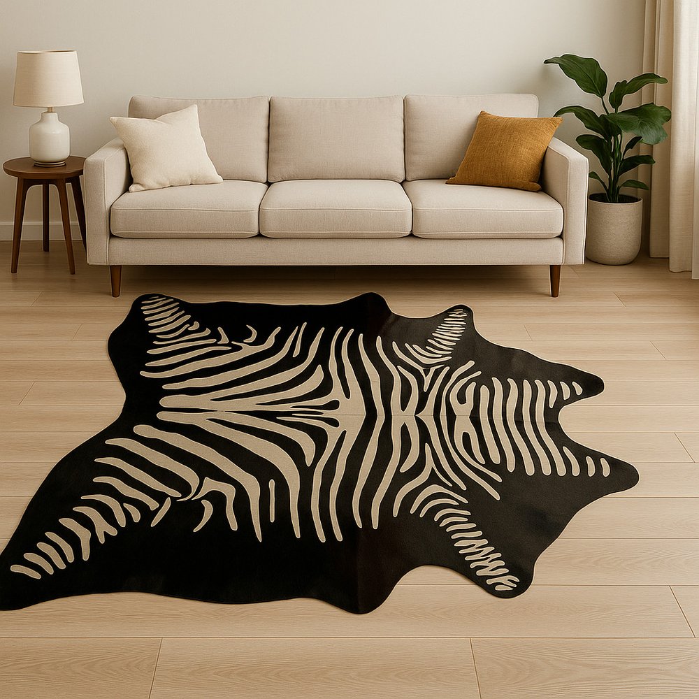Cowhide Zebra Print Area Rug – Black & Off White, Handmade