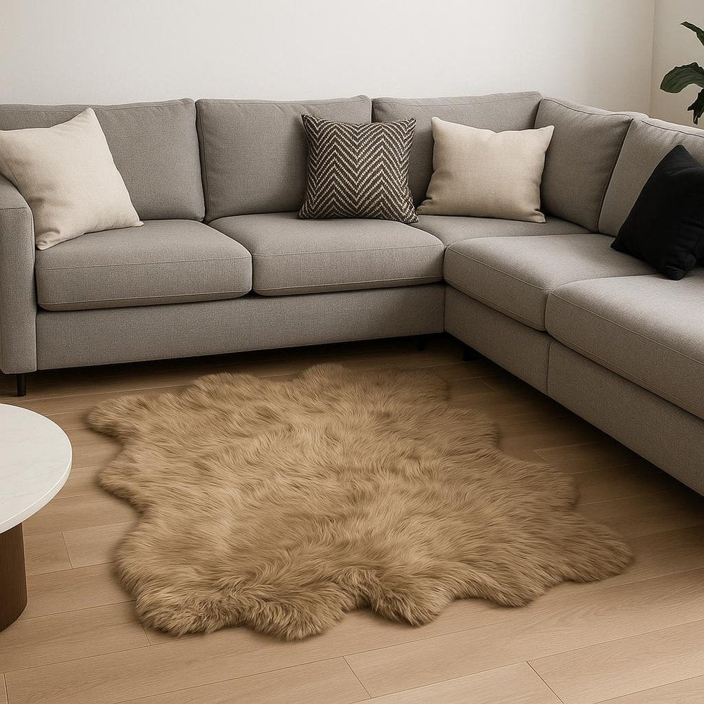 Tan Faux Sheepskin Non-Skid Area Rug – 5' x 6' | Luxurious Soft Shaggy Rug for Living Rooms, Bedrooms & Offices